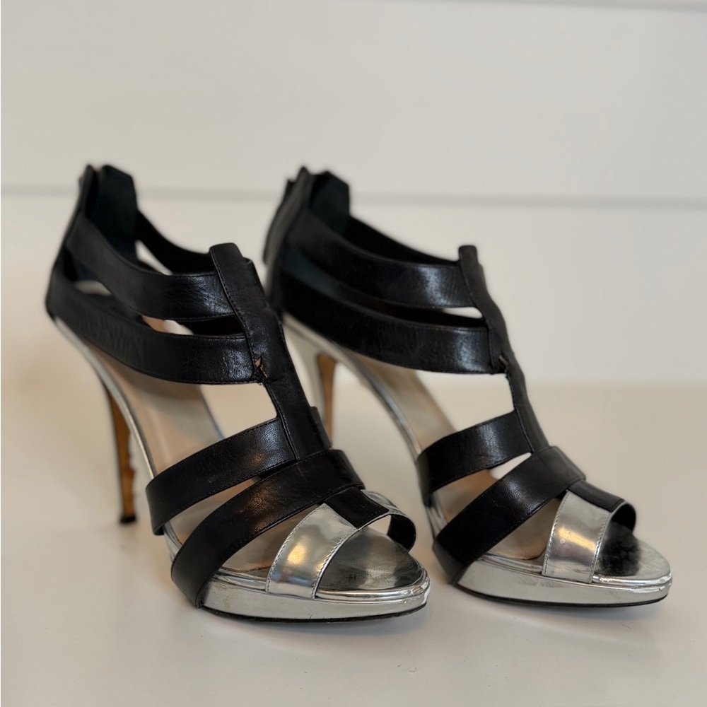 Dior Black and Silver Leather Strappy Stiletto Sandals
